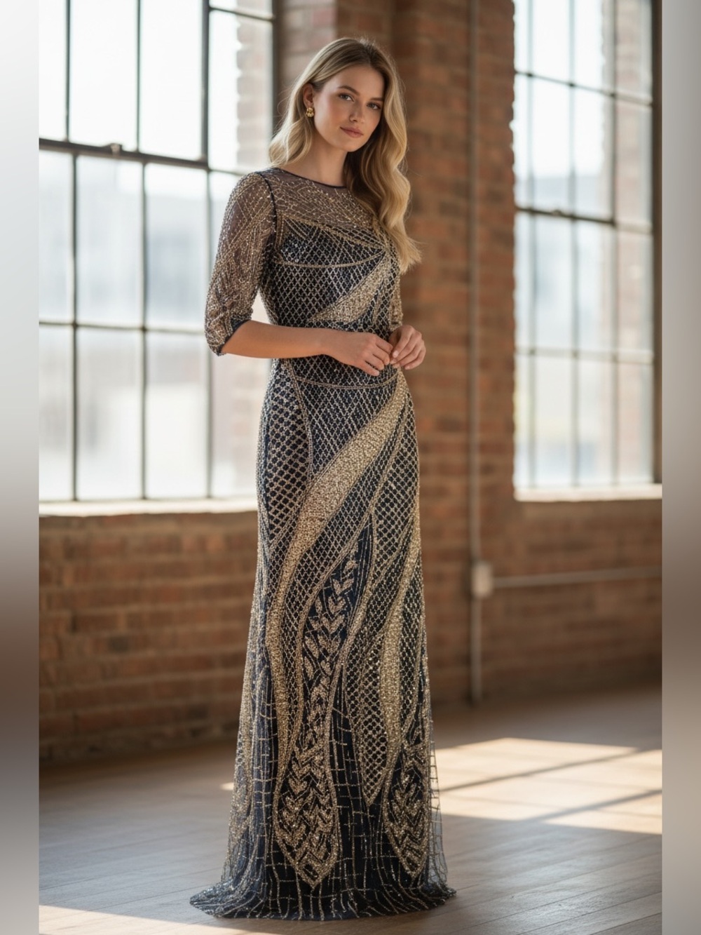 Rickie Freeman For Teri Jon New Art Deco Beaded Tulle Gown Size 8 $1,280.00